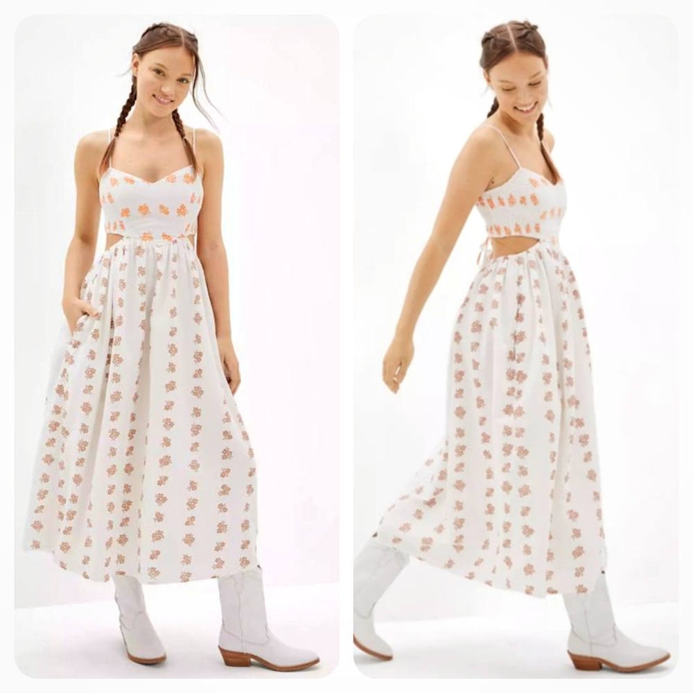 American Eagle Boho Floral Smocked Lace Up Cutout Back Midi Dress White XXL
